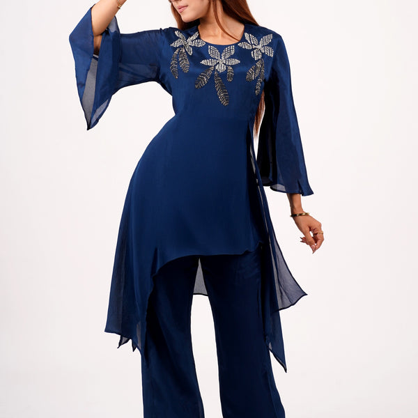 Navy Blue Asymmetric Kurta Set with Sequin Leaf Embroidery – Mulson