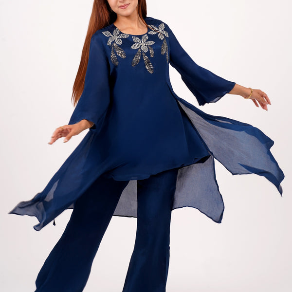Navy Blue Asymmetric Kurta Set with Sequin Leaf Embroidery – Mulson