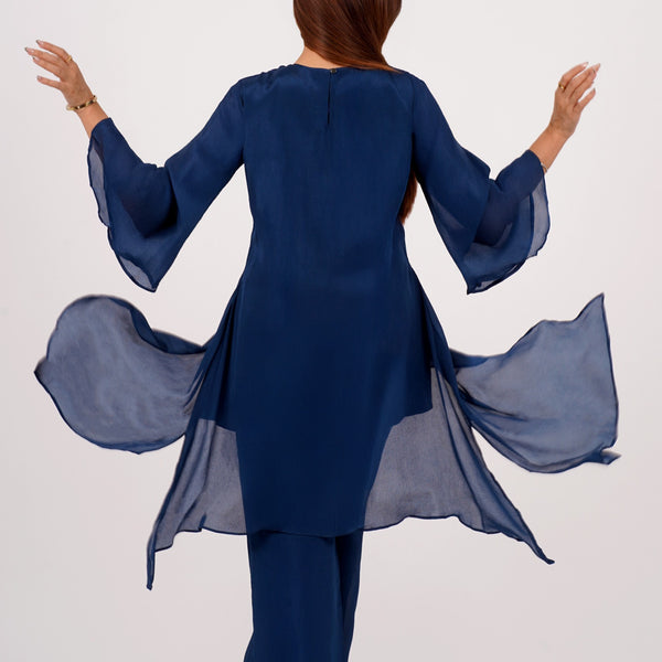 Navy Blue Asymmetric Kurta Set with Sequin Leaf Embroidery – Mulson