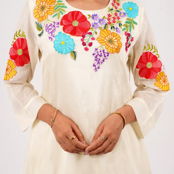 Off-White Asymmetric Kurta Set with Multicolor Floral Embroidery – Mulson