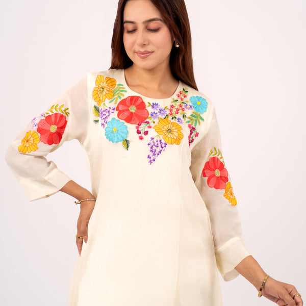Off-White Asymmetric Kurta Set with Multicolor Floral Embroidery – Mulson