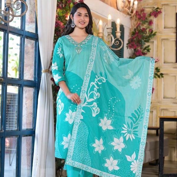 Cotton Suit Set Floral Printed  with Dupatta