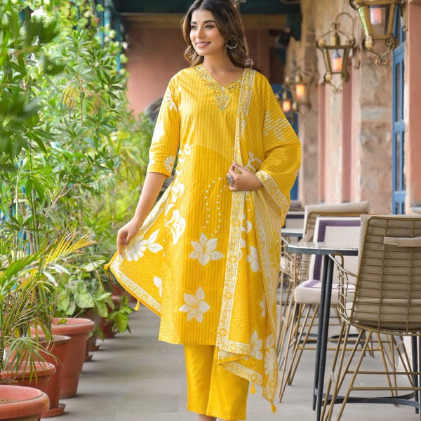 Cotton Suit Set Floral Printed  with Dupatta