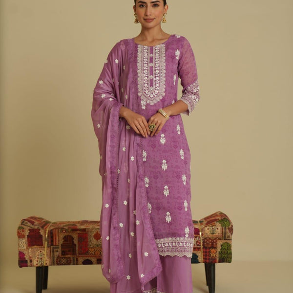 Lavender Suit Set Cotton Embroidered