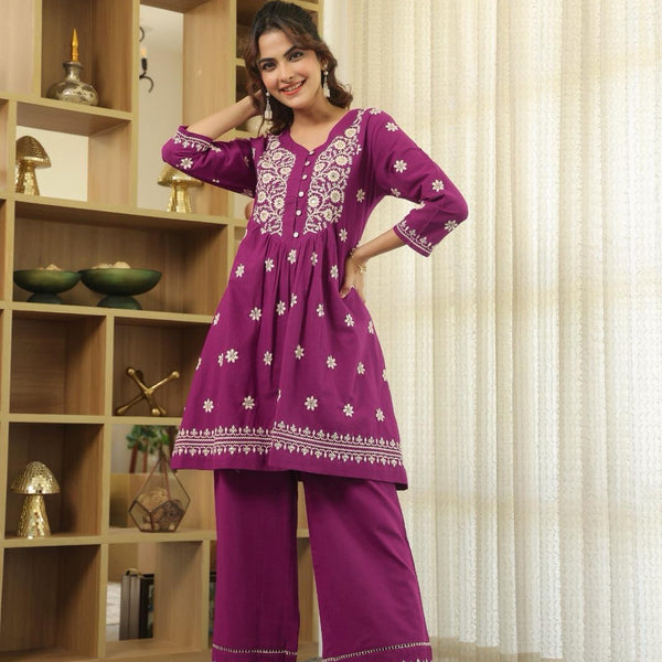 Plum Purple Floral Embroidered Cotton Kurta Set chicken kari suit