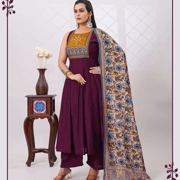 Embroidered Silk Blend Anarkali Kurta Set with Printed Dupatta