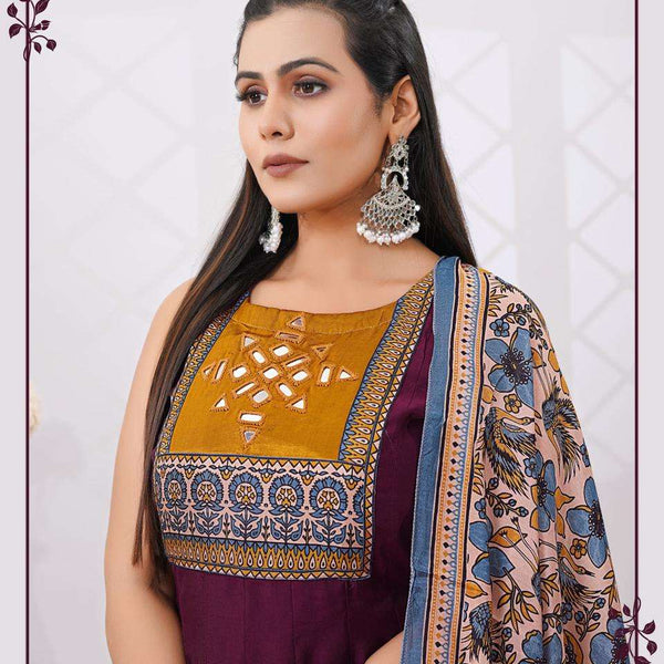 Embroidered Silk Blend Anarkali Kurta Set with Printed Dupatta