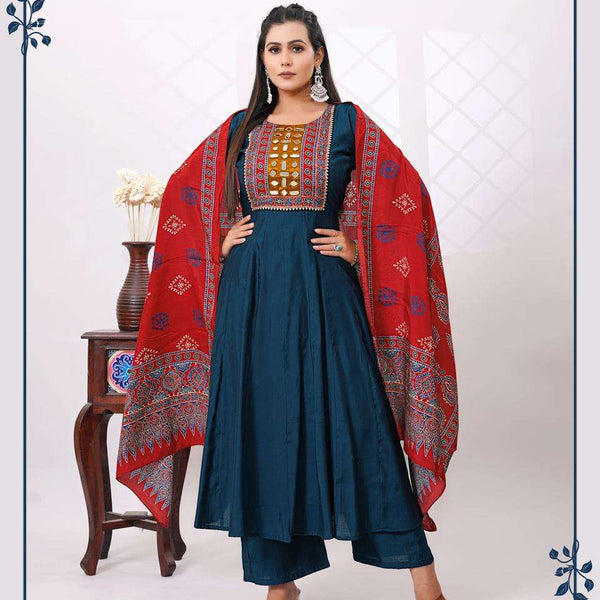 Embroidered Silk Blend Anarkali Kurta Set with Printed Dupatta