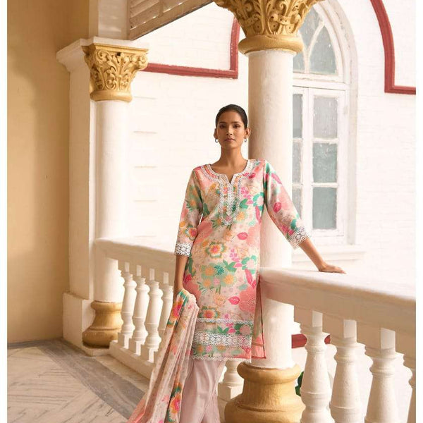 Pastel Pink Floral Kurta Set with Printed Dupatta