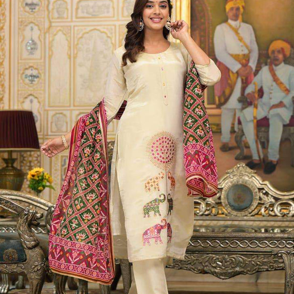 Ivory Cotton Blend Kurta Set with Elephant Embroidery and Printed Dupatta