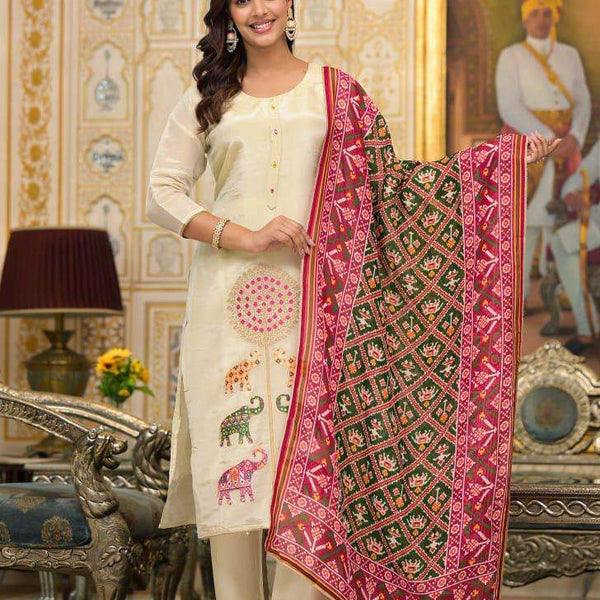 Ivory Cotton Blend Kurta Set with Elephant Embroidery and Printed Dupatta
