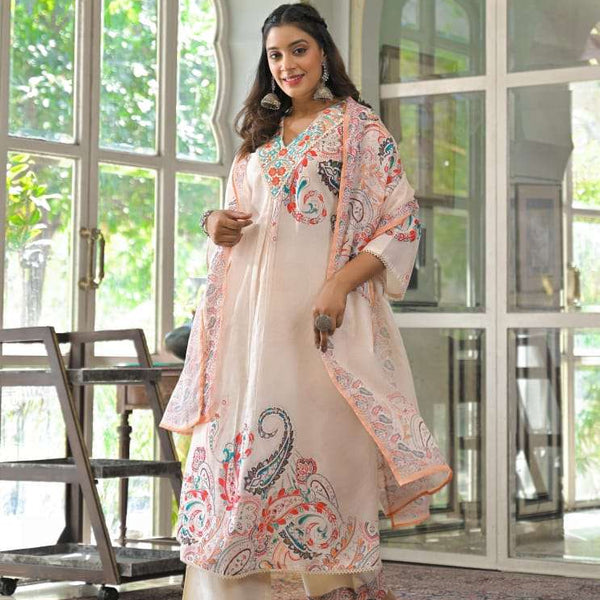 Cream Cotton Blend Kurta Set with Multicolor Paisley Print and Dupatta