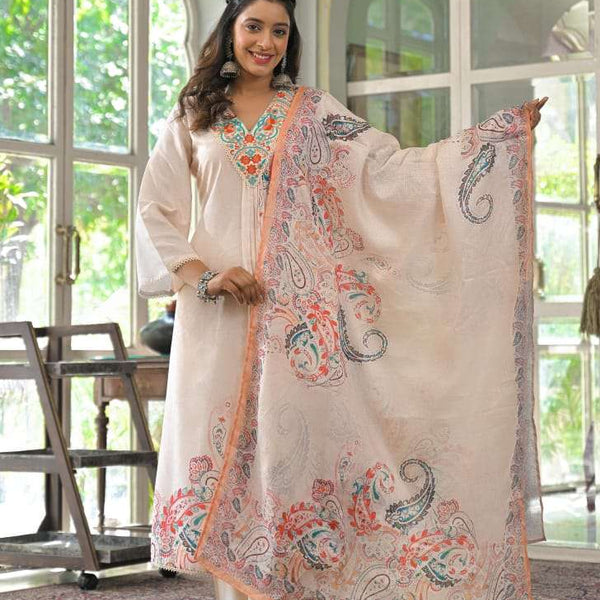 Cream Cotton Blend Kurta Set with Multicolor Paisley Print and Dupatta