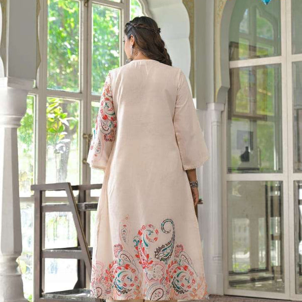 Cream Cotton Blend Kurta Set with Multicolor Paisley Print and Dupatta