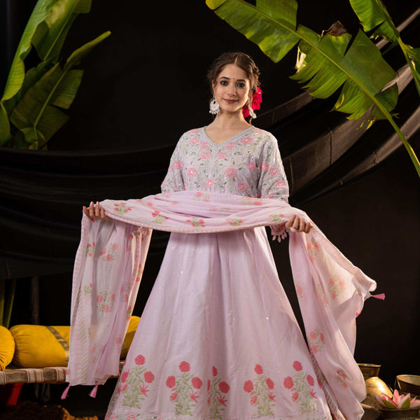 Lavender Cotton Blend Embroidered Kurta Set with Dupatta
