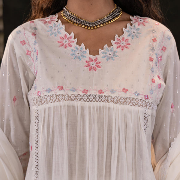 Cotton Kurta Set with White & Pink Embroidery With Dupatta