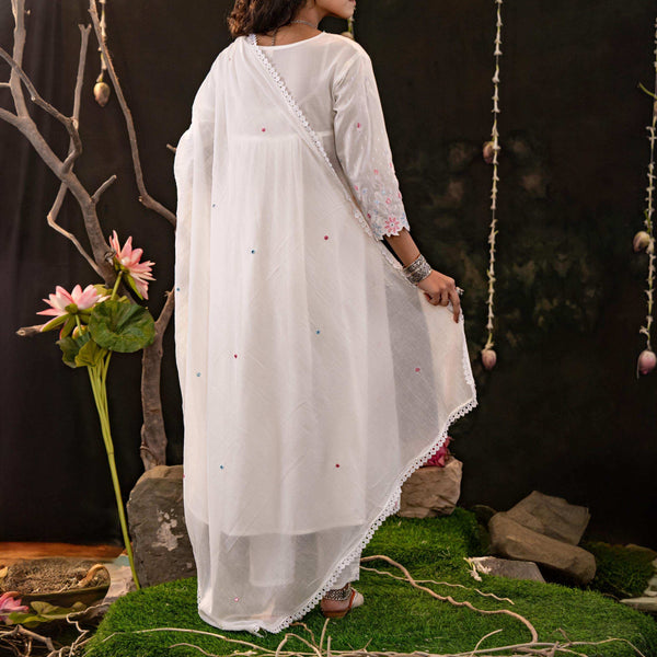 White Cotton Blend Kurta Set with Pink Embroidery and Soft Dupatta